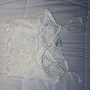 White, spaghetti, crop top.